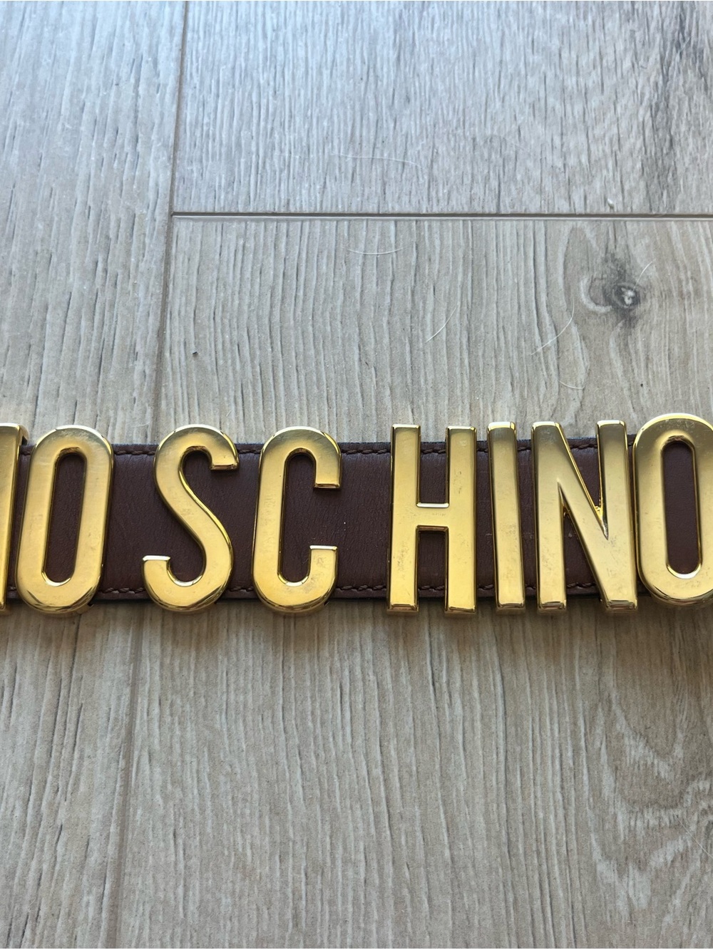 Moschino Brown Leather Logo Belt with Gold Hardware